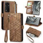 For Honor V40 Geometric Zipper Wallet Side Buckle Leather Phone Case(Brown)