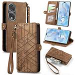 For Honor 80 Pro Geometric Zipper Wallet Side Buckle Leather Phone Case(Brown)