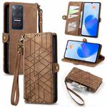 For Honor Play 6T Geometric Zipper Wallet Side Buckle Leather Phone Case(Brown)