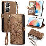 For Honor X40i Geometric Zipper Wallet Side Buckle Leather Phone Case(Brown)