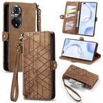 For Honor 50 Pro Geometric Zipper Wallet Side Buckle Leather Phone Case(Brown)
