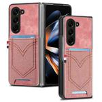 For Samsung Galaxy Z Fold5 JUNSUNMAY Denim Pattern Leather Skin PC Folding Phone Case with Card Slot(Pink)