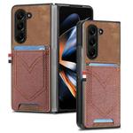 For Samsung Galaxy Z Fold5 JUNSUNMAY Denim Pattern Leather Skin PC Folding Phone Case with Card Slot(Brown)