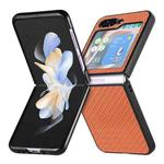 For Samsung Galaxy Z Flip5 JUNSUNMAY Carbon Fiber Pattern Leather Skin PC Folding Phone Case(Brown)