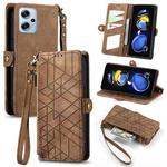 For Xiaomi Redmi Note 11T Pro Geometric Zipper Wallet Side Buckle Leather Phone Case(Brown)