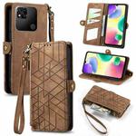 For Xiaomi Redmi 10A Geometric Zipper Wallet Side Buckle Leather Phone Case(Brown)