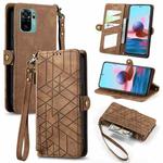 For Xiaomi Redmi Note 10 4G Geometric Zipper Wallet Side Buckle Leather Phone Case(Brown)