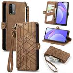 For Xiaomi Redmi Note 9 4G Geometric Zipper Wallet Side Buckle Leather Phone Case(Brown)