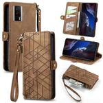 For Xiaomi F5 Pro 5G Geometric Zipper Wallet Side Buckle Leather Phone Case(Brown)
