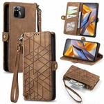 For Xiaomi Poco M5s 4G Geometric Zipper Wallet Side Buckle Leather Phone Case(Brown)