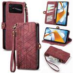 For Xiaomi Poco C40 Geometric Zipper Wallet Side Buckle Leather Phone Case(Red)