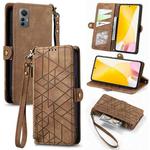 For Xiaomi 12 Lite Geometric Zipper Wallet Side Buckle Leather Phone Case(Brown)