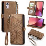 For Xiaomi 12 Geometric Zipper Wallet Side Buckle Leather Phone Case(Brown)