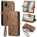 For OnePlus Nord N100 Geometric Zipper Wallet Side Buckle Leather Phone Case(Brown)