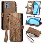 For OnePlus 9 Geometric Zipper Wallet Side Buckle Leather Phone Case(Brown)