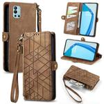For OnePlus 9R Geometric Zipper Wallet Side Buckle Leather Phone Case(Brown)