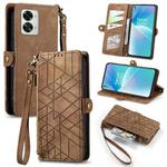 For OnePlus Nord 2T Geometric Zipper Wallet Side Buckle Leather Phone Case(Brown)