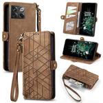 For OnePlus 10T Geometric Zipper Wallet Side Buckle Leather Phone Case(Brown)