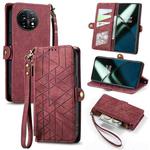 For OnePlus 11 Geometric Zipper Wallet Side Buckle Leather Phone Case(Red)