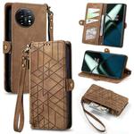 For OnePlus 11 Geometric Zipper Wallet Side Buckle Leather Phone Case(Brown)