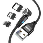 ENKAY 3 in 1 3A USB to Type-C / 8 Pin / Micro USB Magnetic 540 Degrees Rotating Fast Charging Cable, Length:1m(Black)