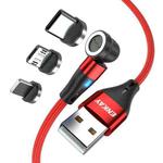 ENKAY 3 in 1 3A USB to Type-C / 8 Pin / Micro USB Magnetic 540 Degrees Rotating Fast Charging Cable, Length:1m(Red)