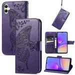 For Samsung Galaxy A05 Butterfly Love Flower Embossed Leather Phone Case(Dark Purple)