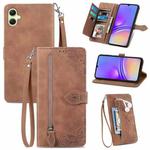 For Samsung Galaxy A05 Embossed Flower Zipper Leather Phone Case(Brown)