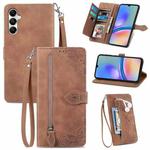 For Samsung Galaxy A05s Embossed Flower Zipper Leather Phone Case(Brown)