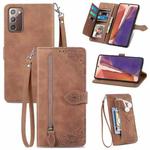 For Samsung Galaxy Note20 Embossed Flower Zipper Leather Phone Case(Brown)