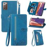For Samsung Galaxy Note20 Embossed Flower Zipper Leather Phone Case(Blue)