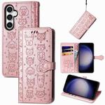 For Samsung Galaxy S23 FE 5G Cat and Dog Embossed Leather Phone Case(Rose Gold)