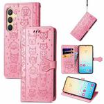 For Samsung Galaxy S24 5G Cat and Dog Embossed Leather Phone Case(Pink)