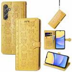 For Samsung Galaxy A15 Cat and Dog Embossed Leather Phone Case(Yellow)