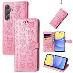 For Samsung Galaxy A15 Cat and Dog Embossed Leather Phone Case(Pink)