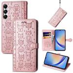 For Samsung Galaxy A35 5G Cat and Dog Embossed Leather Phone Case(Rose Gold)