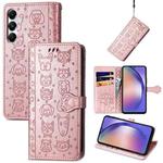 For Samsung Galaxy A55 5G Cat and Dog Embossed Leather Phone Case(Rose Gold)