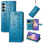 For Samsung Galaxy A55 5G Cat and Dog Embossed Leather Phone Case(Blue)