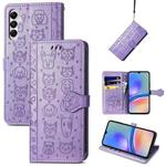 For Samsung Galaxy A05s Cat and Dog Embossed Leather Phone Case(Purple)