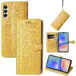 For Samsung Galaxy A05s Cat and Dog Embossed Leather Phone Case(Yellow)