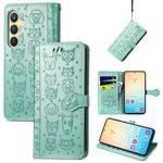 For Samsung Galaxy S25+ 5G Cat and Dog Embossed Leather Phone Case(Green)