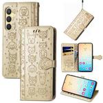 For Samsung Galaxy S25 Ultra 5G Cat and Dog Embossed Leather Phone Case(Gold)