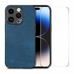For iPhone 15 Pro Max ENKAY Retro Leather Skin PC Phone Case with High Aluminum-silicon Glass Film(Blue)