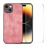 For iPhone 15 ENKAY Retro Leather Skin PC Phone Case with High Aluminum-silicon Glass Film(Pink)