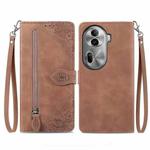 For OPPO Reno11 Pro 5G Embossed Flower Zipper Leather Phone Case(Brown)