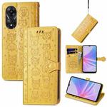 For OPPO A58 4G Cat and Dog Embossed Leather Phone Case(Yellow)