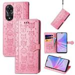 For OPPO A58 4G Cat and Dog Embossed Leather Phone Case(Pink)