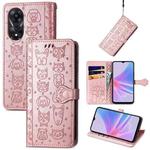 For OPPO A58 4G Cat and Dog Embossed Leather Phone Case(Rose Gold)
