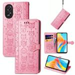 For OPPO A38 Cat and Dog Embossed Leather Phone Case(Pink)