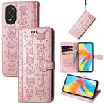 For OPPO A38 Cat and Dog Embossed Leather Phone Case(Rose Gold)